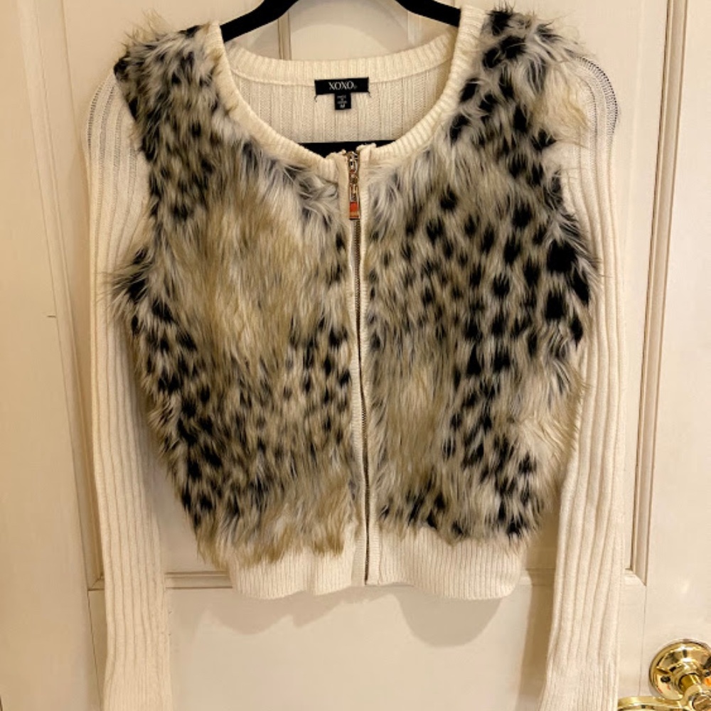 White Faux Leopard fur zip up sweater/Cardigan